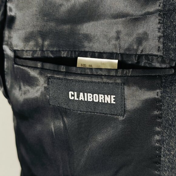Claiborne Mens Sport Coat Two Button Flannel Wool Silk Cashmere Charcoal BLK 44L - Picture 13 of 14